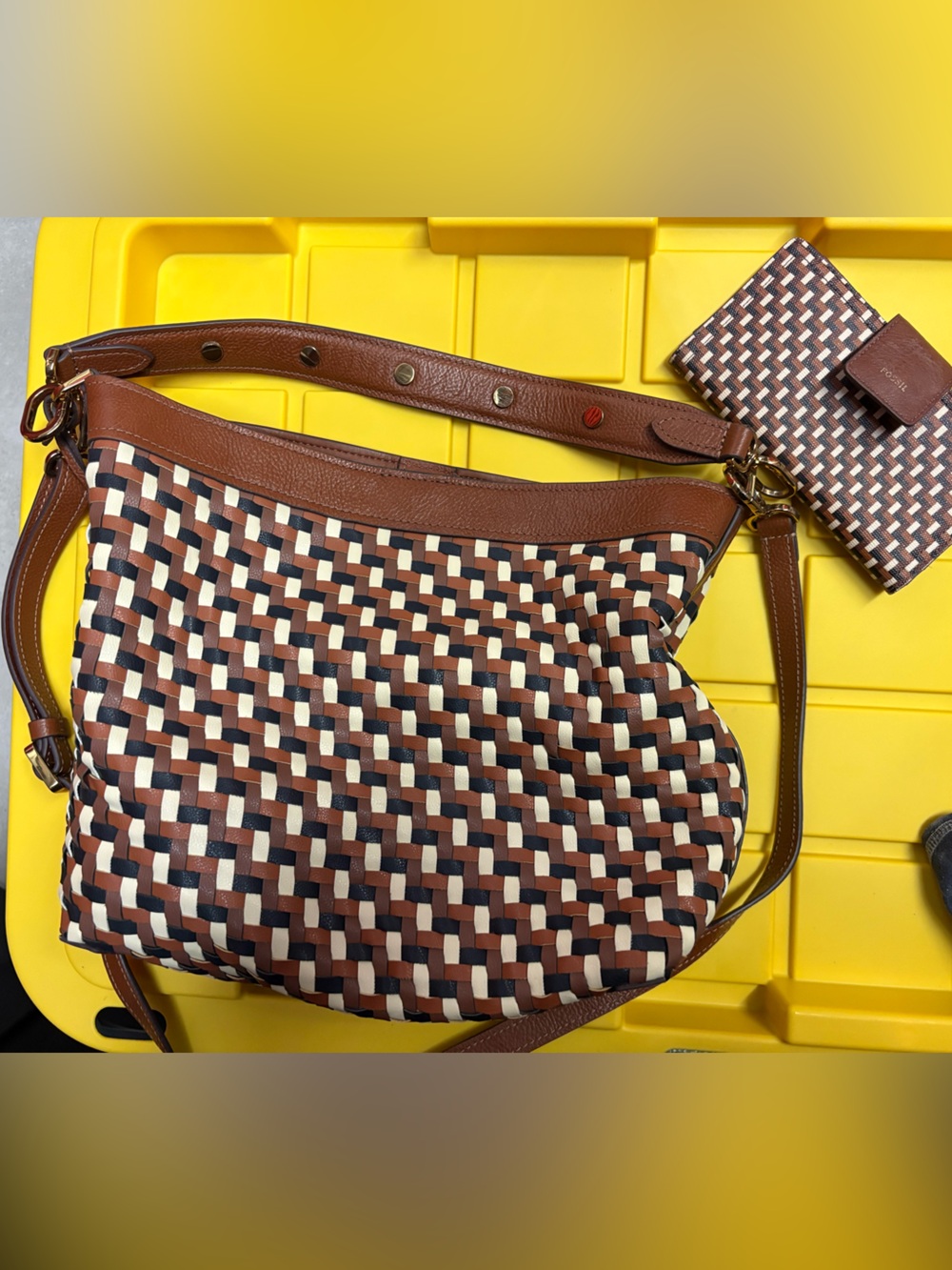 Fossil Brown Cream and Black Woven Shoulder Bag with Matching Wallet